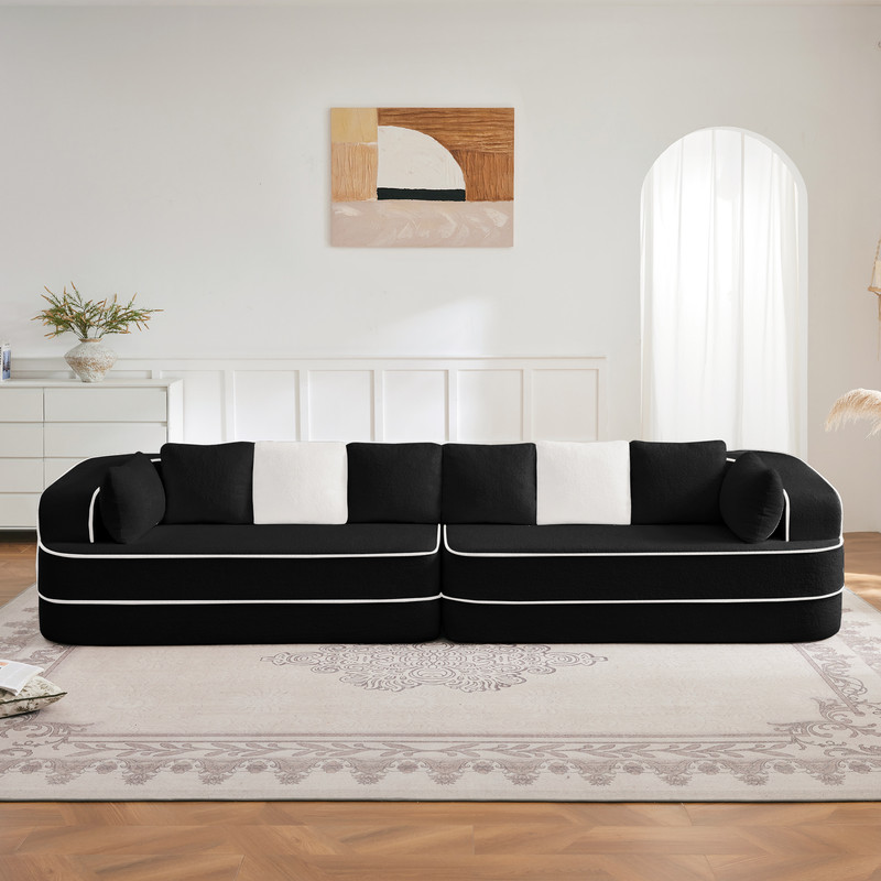 135" 4-Seat Teddy Fabric No Assembly 32D High Density sponge Boneless Sofa Fluffy Comfy Couch,Oversize sofa,Contrast color design,Symmetrical aesthetics,for Living Room,Black