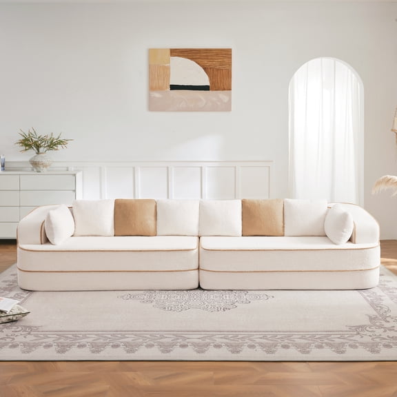 135" 4-Seat Teddy Fabric No Assembly 32D High Density sponge Boneless Sofa Fluffy Comfy Couch,Oversize sofa,Contrast color design,Symmetrical aesthetics,for Living Room,White