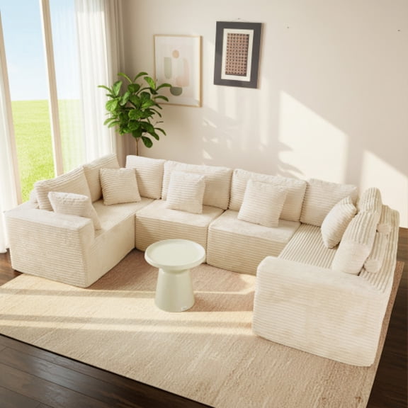 135.5" Beige Corduroy Modular Sectional Sofa: 6-Seater U-Shaped Couch with Reversible Chaise Lounge, Freely Configurable for Small Apartments/Living Rooms (Easy to Assemble)