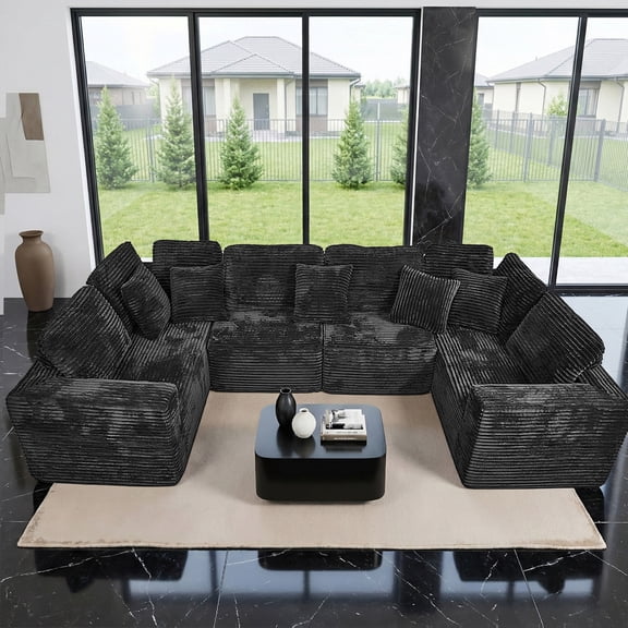 135.5" Modular Sectional Sofa, Black U-Shaped Sofa 6-Seater Boneless Cloud Couch with Reversible Chaise, Corduroy Fabric Couch for Living Room & Bedroom
