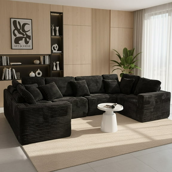135.5" Modular U-Shaped Sectional Sofa, 6-Seater Black Couches for Living Room with Reversible Chaise, Striped Corduroy Fabric, Customizable Layout