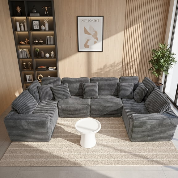 135.5" Modular U-Shaped Sectional Sofa, 6-Seater Gray Boneless Couch for Living Room with Chaise, Striped Corduroy Fabric, Customizable Layout