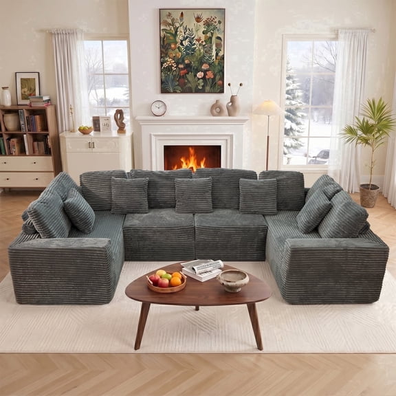 138.5" Modular U-Shaped Sectional Sofa, 6-Seater Gray Couches for Living Room with Reversible Chaise, Striped Corduroy Fabric, Customizable Layout