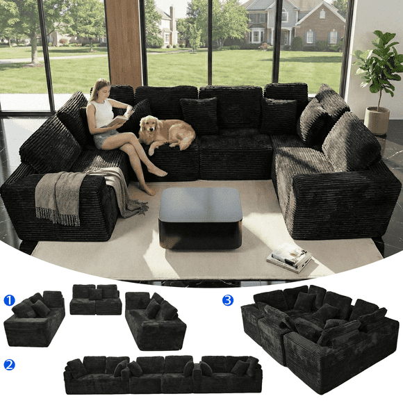 SEENYOO 135.5" Cloud Couch,Boneless Sectional Sofa for Living Room,Black U Shaped Couch with Chaise,6-Seater,Corduroy Fabric,Freely Configurable Layout