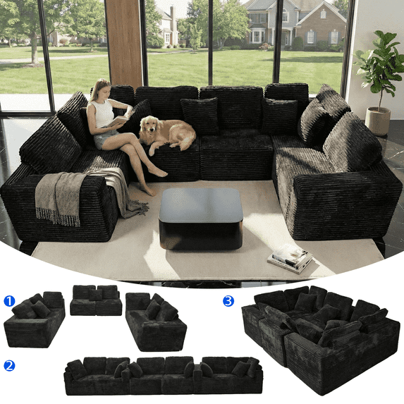 SEENYOO 135.5" Cloud Couch,Boneless Sectional Sofa for Living Room,Black U Shaped Couch with Chaise,6-Seater,Corduroy Fabric,Freely Configurable Layout