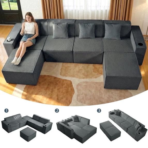 SEENYOO 133.8" Cloud Couch,Boneless Sectional Sofa for Living Room,Grey U Shaped Couch with Chaise,6-Seater,Corduroy Fabric,Freely Configurable Layout