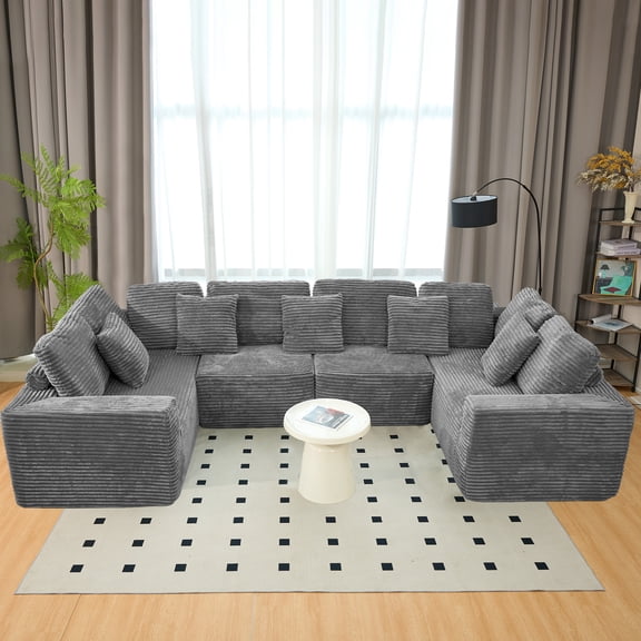 135.5-inch Modular U-Shaped Sectional Sofa, 6-Seater Chaise Lounge with Reversible Design, Striped Corduroy Fabric in GREY–Living Room Couch, Freely Configurable Layout