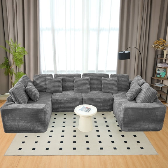 135.5-inch Modular U-Shaped Sectional Sofa, 6-Seater Chaise Lounge with Reversible Design, Striped Corduroy Fabric in GREY–Living Room Couch, Freely Configurable Layout.