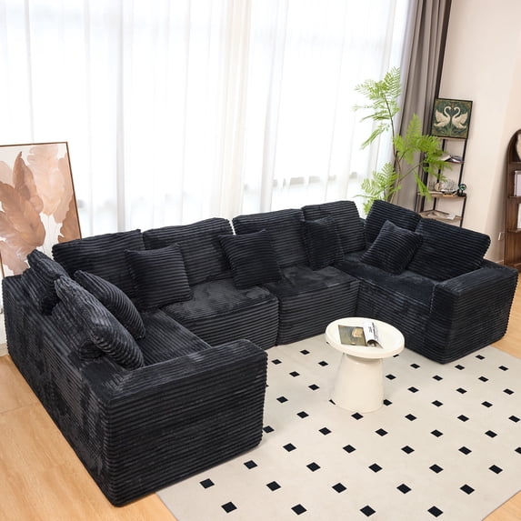 135.5-inch U-Shaped Sectional Sofa, 6-Seater Boneless Couch with Reversible Chaise, Modular Design, Black Striped Corduroy – Customizable Living Room or Bedroom Couch