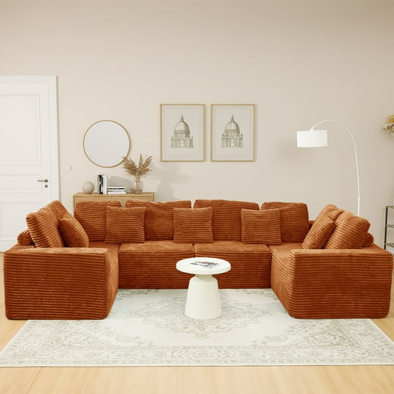 135.5-inch U-Shaped Sectional Sofa, 6-Seater Boneless Couch with Reversible Chaise, Modular Design, Orange Striped Corduroy – Customizable Living Room or Bedroom Couch