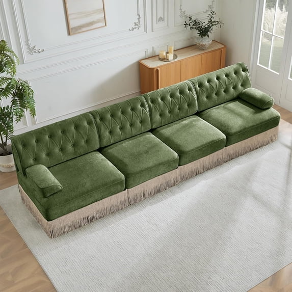 135.6'' Modular Sectional Sofa, Chesterfield Velvet Cloud Couch, Upholstered 4-Seater Sofa with Button Tufted, Tassel Fringe Skirt, Deep Couches for Living Room, Bedroom, Apartment, Green