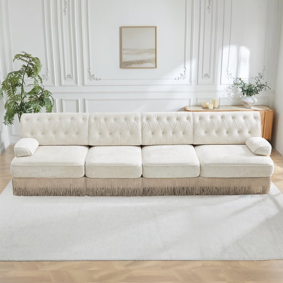 135.6'' Modular Sectional Sofa, Velvet Cloud Couch, Upholstered 4-Seater Sofa with Button Tufted, Tassel Fringe Skirt, Deep Couches for Living Room, Bedroom, Apartment, Beige