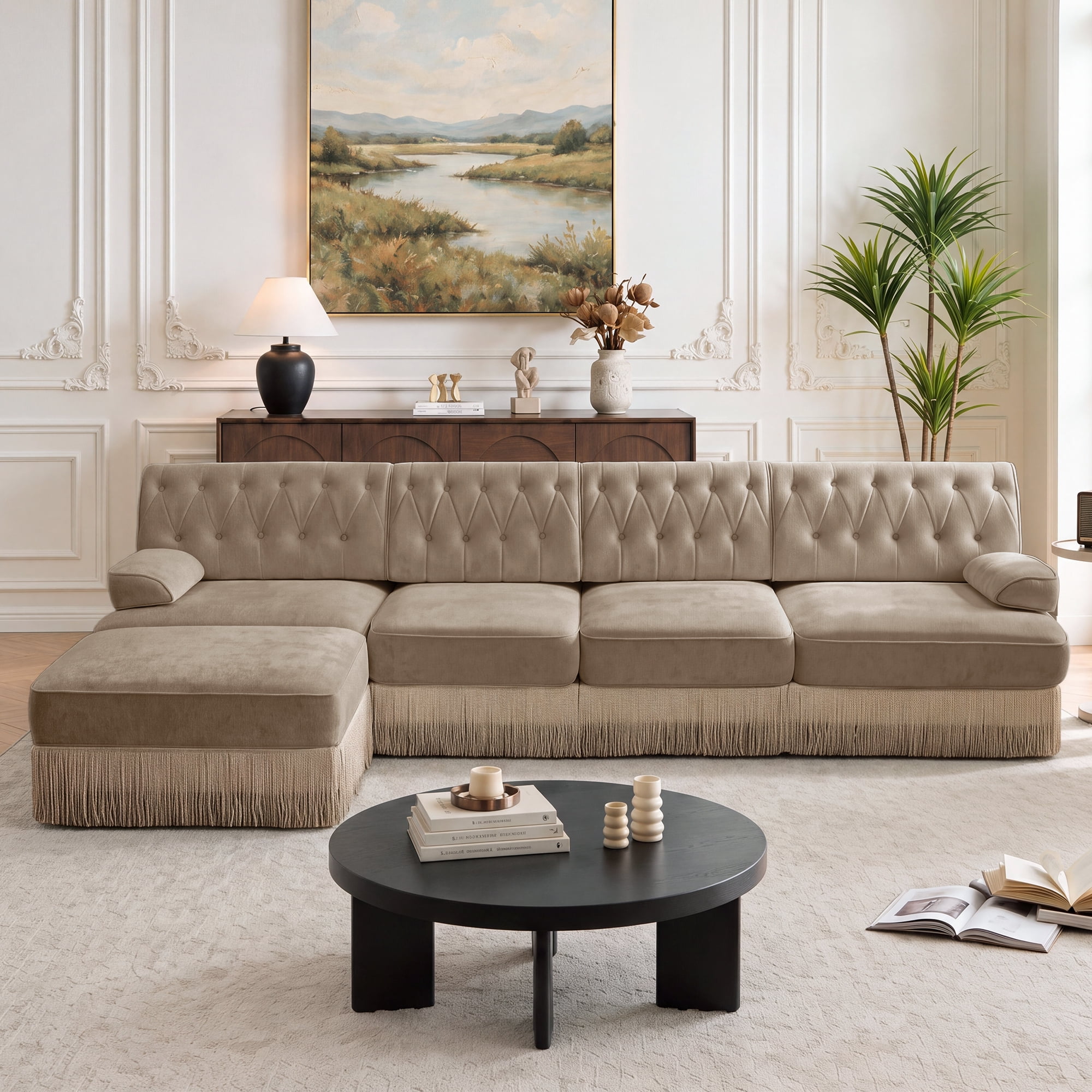 135" Chesterfield 4 Seater L-Shaped Modular Sectional Sofa Set with Ottoman and Tassel Skirt, Easy to Assemble