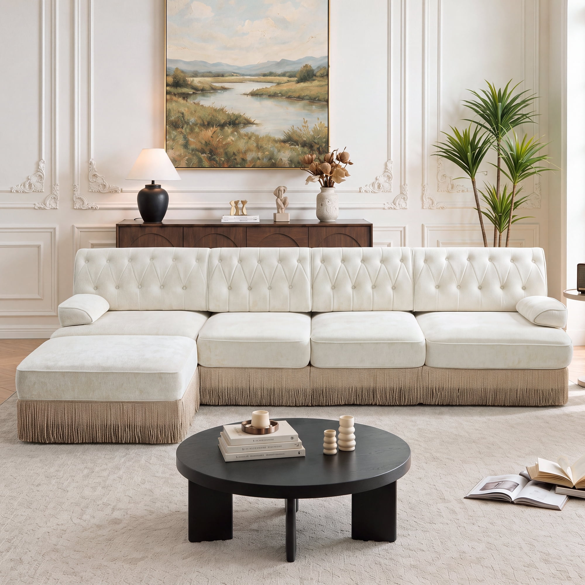 135" Chesterfield 4 Seater L-Shaped Modular Sectional Sofa Set with Ottoman and Tassel Skirt, Easy to Assemble