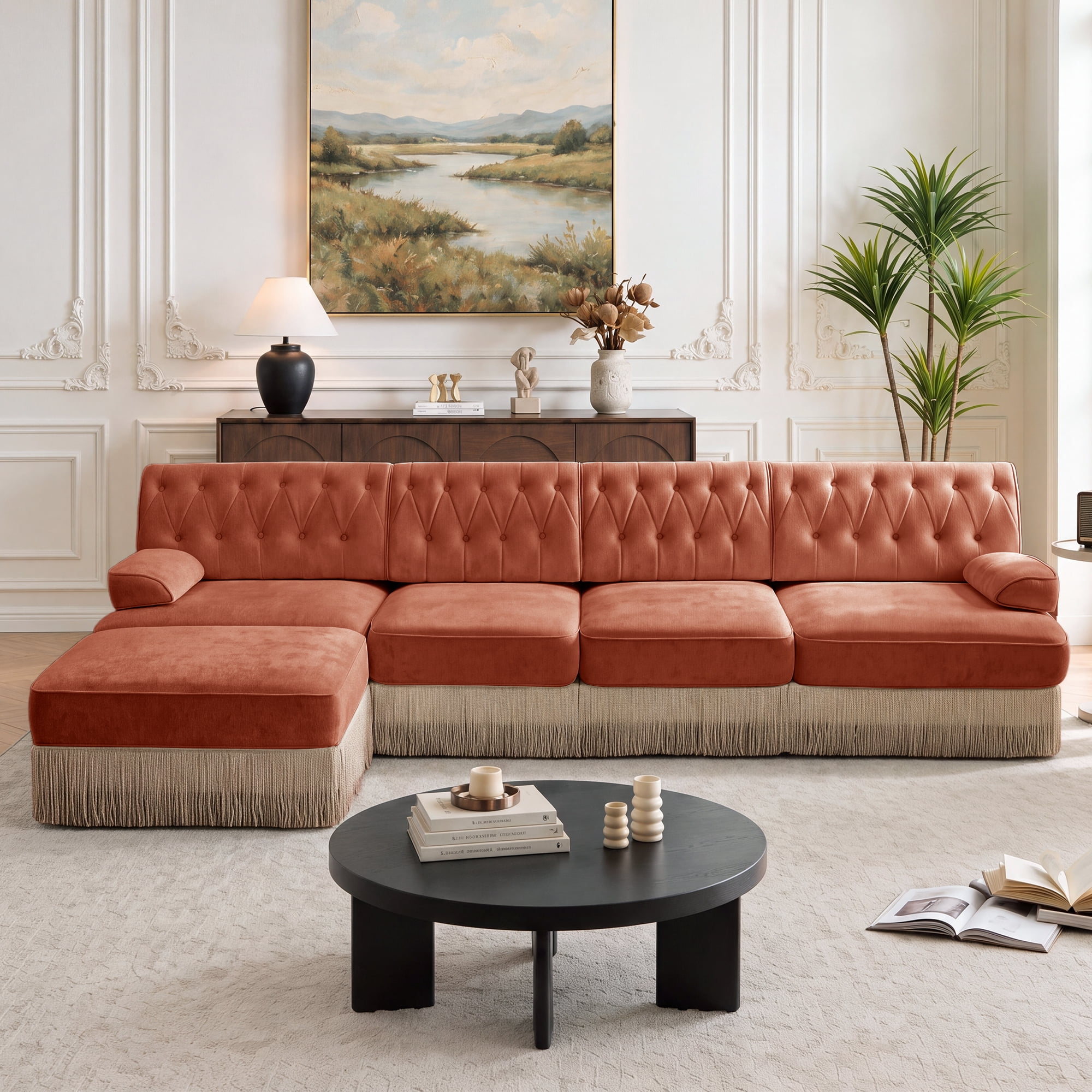 135" Chesterfield 4 Seater L-Shaped Modular Sectional Sofa Set with Ottoman and Tassel Skirt, Easy to Assemble