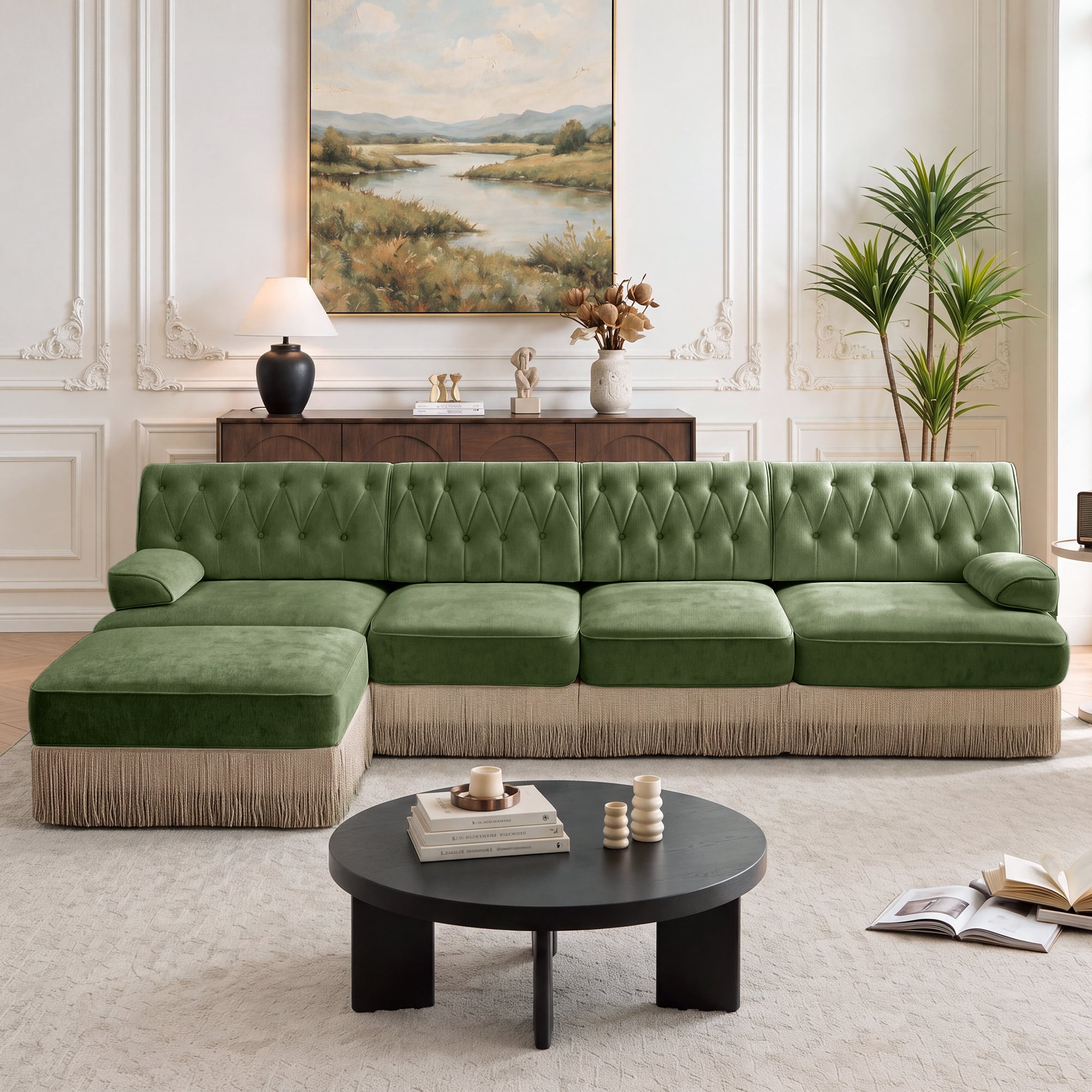 135" Chesterfield 4 Seater L-Shaped Modular Sectional Sofa Set with Ottoman and Tassel Skirt, Easy to Assemble
