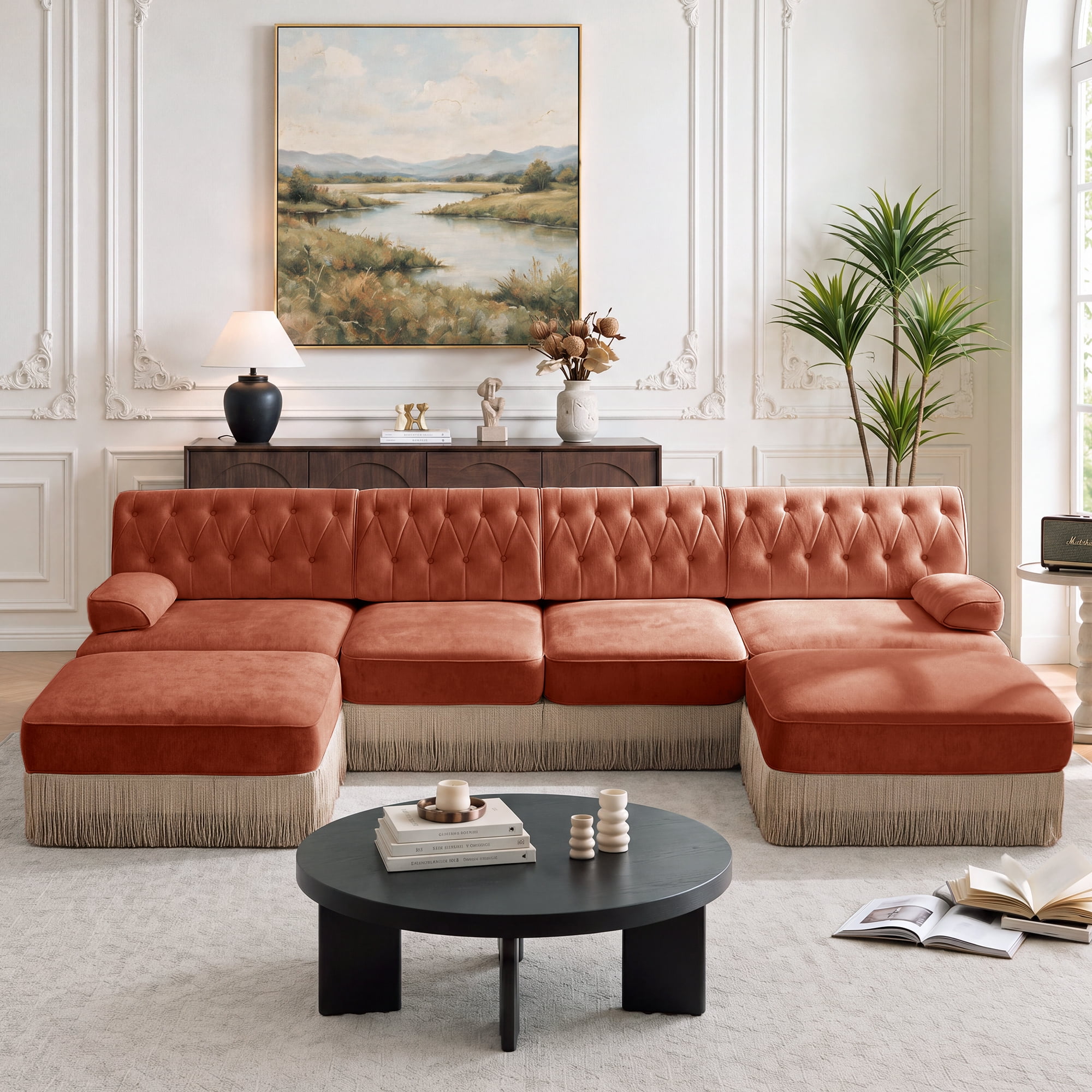 135" Chesterfield 4 Seater U-Shaped Modular Sectional Sofa Set with 2 Ottoman and Tassel Skirt, Easy to Assemble