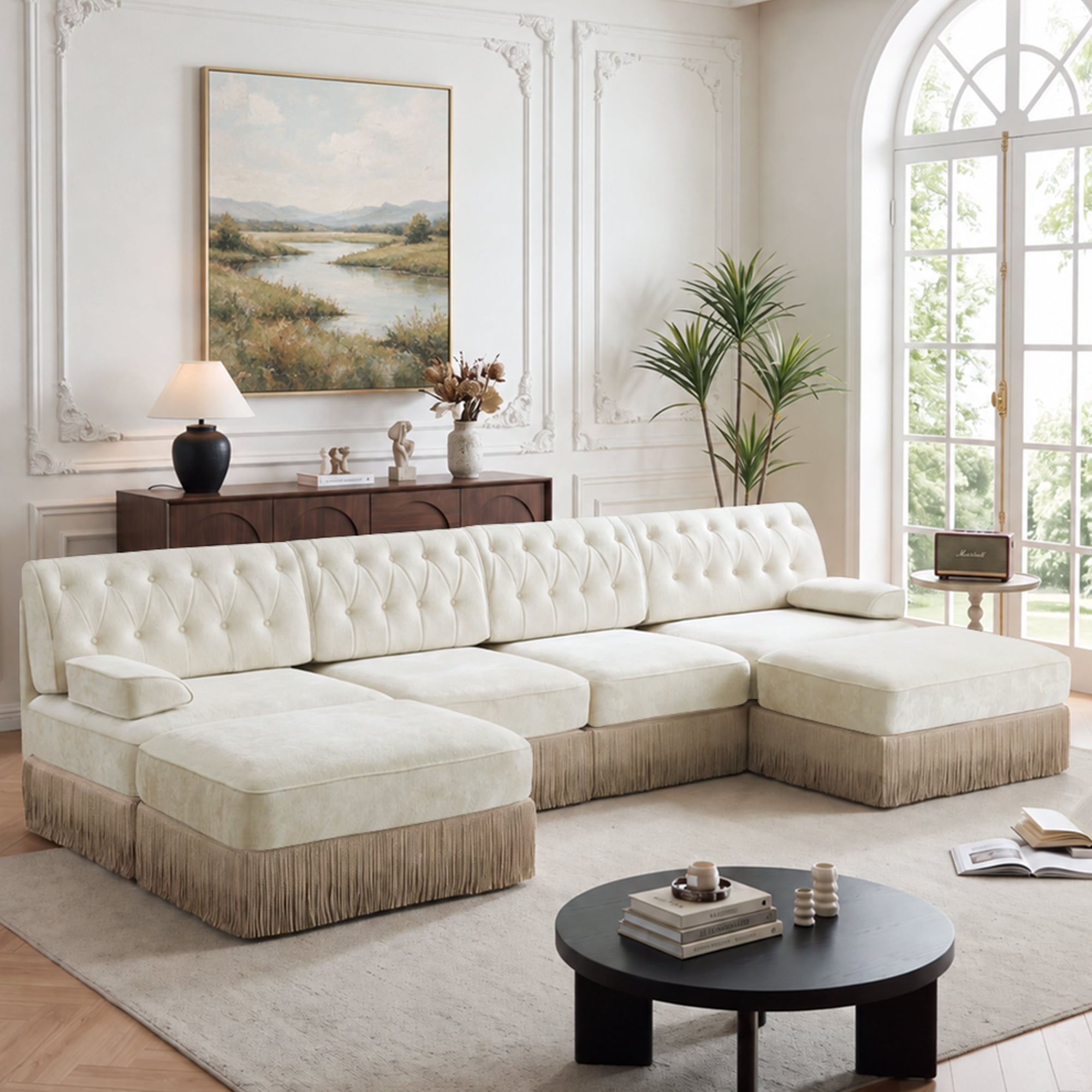135" Chesterfield 4 Seater U-Shaped Modular Sectional Sofa Set with 2 Ottoman and Tassel Skirt, Easy to Assemble