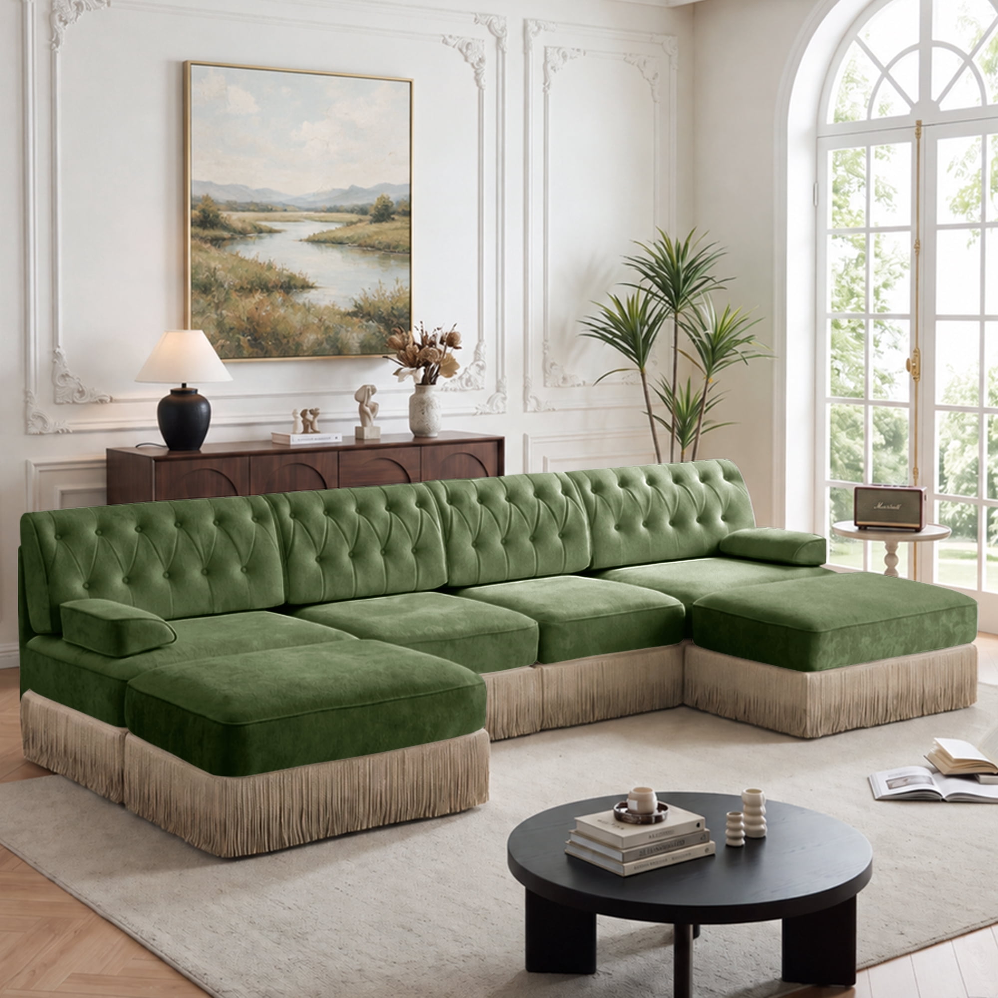 135" Chesterfield 4 Seater U-Shaped Modular Sectional Sofa Set with 2 Ottoman and Tassel Skirt, Easy to Assemble