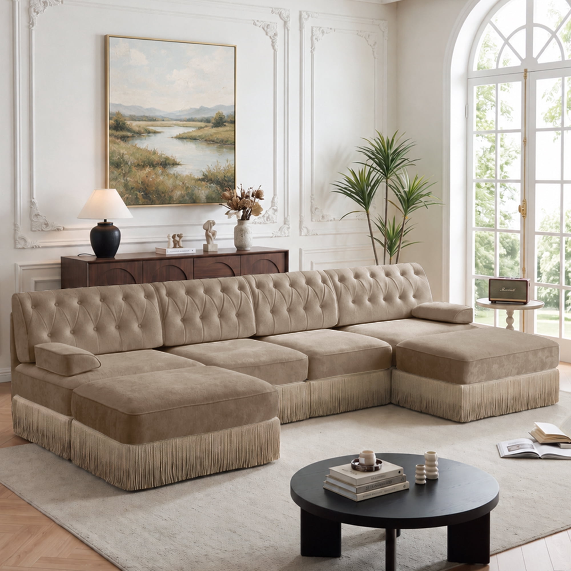 135" Chesterfield 4 Seater U-Shaped Modular Sectional Sofa Set with 2 Ottoman and Tassel Skirt, Easy to Assemble