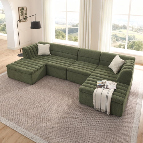 EPOWP 135'' Cloud Sectional Boneless Couches for Living Room, Modular Sectional Sofa with Deep Seat and Movable Ottoman, Memory Foam Compressed Spineless 5 Seater Sofa for Bedroom Apartment