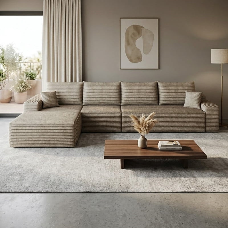 135" Cloud Sectional Sofa with Left Facing Chaise, Modern Modular Deep Seat Couch, Plush Corduroy Upholstered Sofa for Living Room, Bedroom, Apartment, No Assembly Required