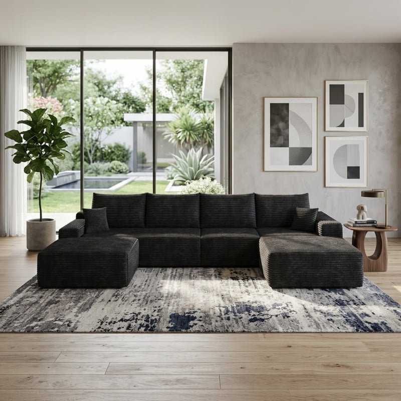135" Cloud Sectional Sofa with Ottoman, U Shaped Modular Sectional Couch, Modern Minimalist Deep Seat Upholstered Sofa with Chaise, Plush Corduroy Fabric Living Room Sofa Set, No Assembly Required