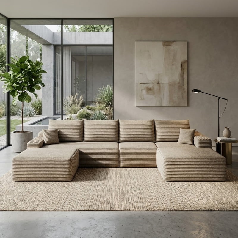 135" Cloud Sectional Sofa with Ottoman, U Shaped Modular Sectional Couch, Modern Minimalist Deep Seat Upholstered Sofa with Chaise, Plush Corduroy Fabric Living Room Sofa Set, No Assembly Required