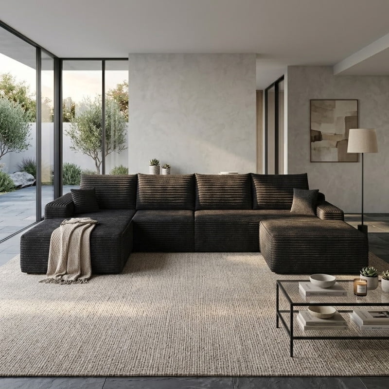 135" Cloud Sectional Sofa with Ottoman, U-Shaped Modular Sofa Couch with Chaise, Modern Minimalist Deep Seat Upholstered Sectional for Living Room, Plush Corduroy Fabric Corner Sofa