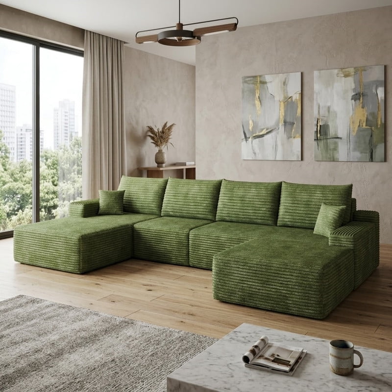 135" Cloud Sectional Sofa with Ottoman, U-Shaped Modular Sofa Couch with Chaise, Modern Minimalist Deep Seat Upholstered Sectional for Living Room, Plush Corduroy Fabric Corner Sofa