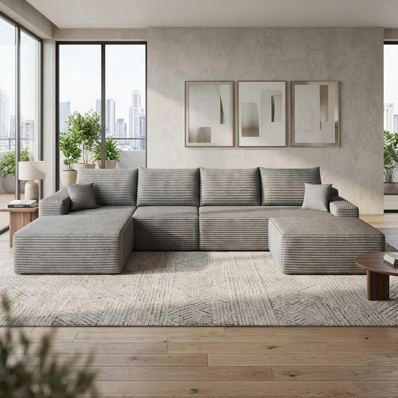 135" Cloud Sectional Sofa with Ottoman, U-Shaped Modular Sofa Couch with Chaise, Modern Minimalist Deep Seat Upholstered Sectional for Living Room, Plush Corduroy Fabric Corner Sofa