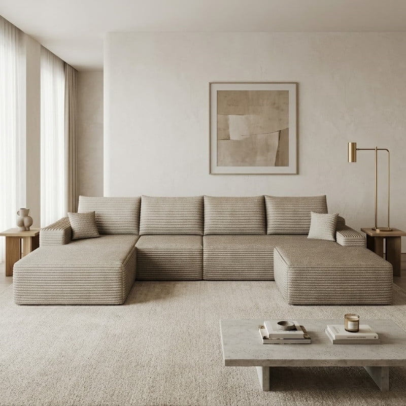 135" Cloud Sectional Sofa with Ottoman, U-Shaped Modular Sofa Couch with Chaise, Modern Minimalist Deep Seat Upholstered Sectional for Living Room, Plush Corduroy Fabric Corner Sofa