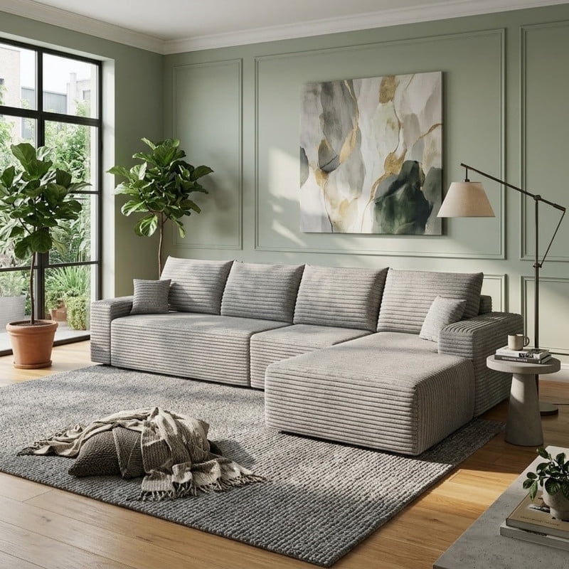 135" Cloud Sectional Sofa with Right Facing Chaise, Modern Modular Deep Seat Couch, Plush Corduroy Upholstered Sofa for Living Room, Bedroom, Apartment, No Assembly Required