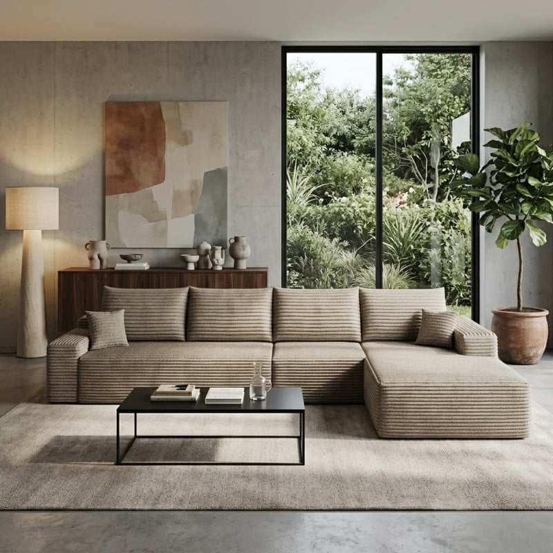 135" Cloud Sectional Sofa with Right Facing Chaise, Modern Modular Deep Seat Couch, Plush Corduroy Upholstered Sofa for Living Room, Bedroom, Apartment, No Assembly Required