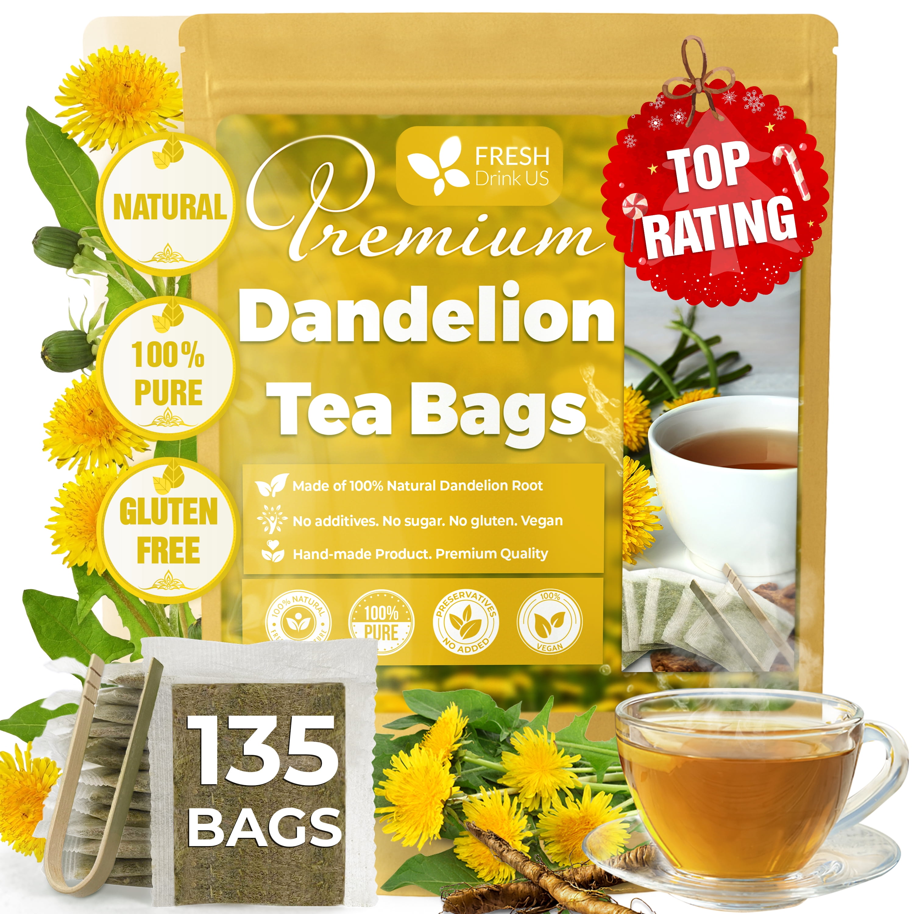 FreshDrinkUs Dandelion Root Tea Bags, 100% Natural, Vegan, Caffeine ...