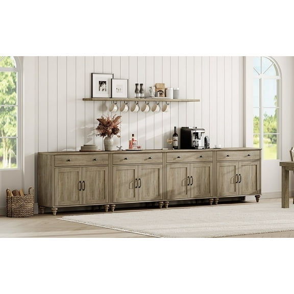 WAMPAT 135" Farmhouse Buffet Cabinet with 8 Storage Doors & 4 Drawers, Large Modern Coffee Bar Wooden Organizer for Kitchen, Living Room, Bedroom, Wash Grey