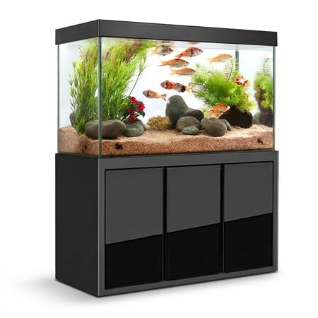 135 Gallon Freshwater Glass Aquarium Set with Black Aluminum Cabinet, Built-In Sump Filtration, Integrated Plumbing System & LED Lighting