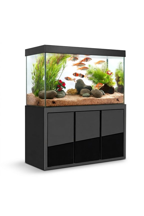 135 Gallon Freshwater Glass Aquarium Set with Black Aluminum Cabinet, Built-In Sump Filtration, Integrated Plumbing System & LED Lighting