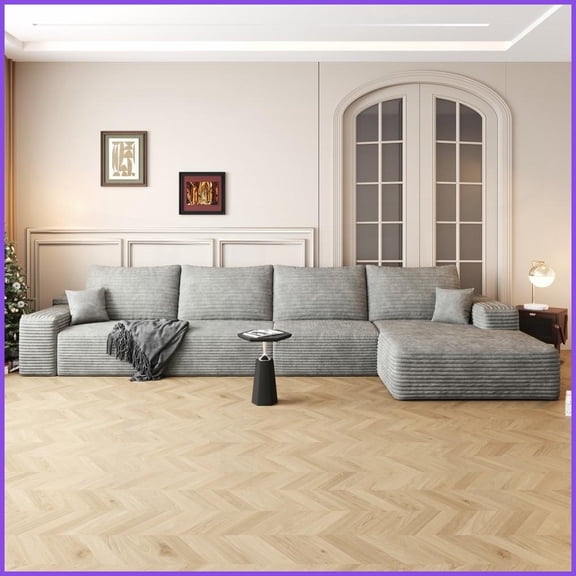 135" Modern L-Shape Cloud Sectional Sofa - Plush Corduroy Fabric, No Assembly Required for Living Room, Grey