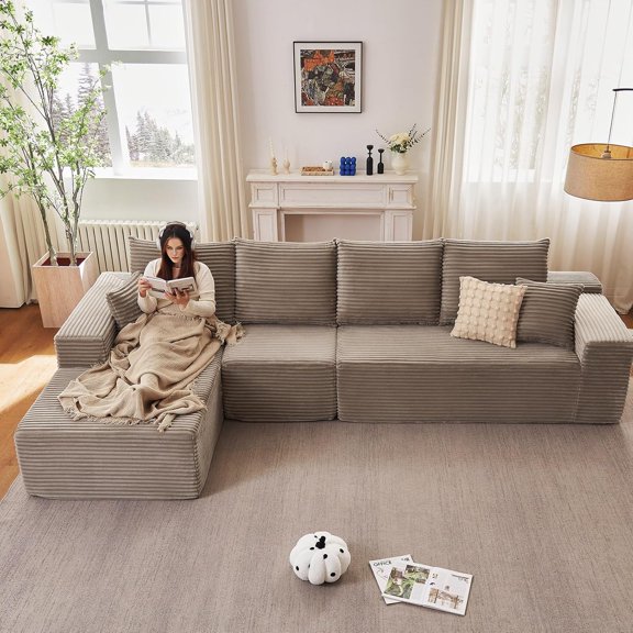 LUCKHAO 135" L-Shaped Modular Sectional Sofa,Cloud Couch with Chaise,Deep Seat Corduroy Sectional for Living Room & Bedroom,No Assembly Required,Camel