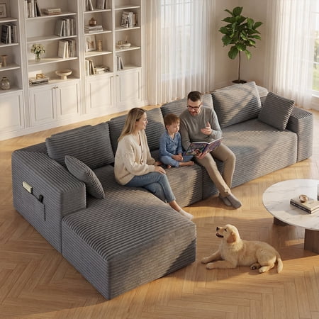 135" Modular Corduroy Cloud Sectional Couch, No Assembly L-Shape Chaise Deep Seat for Living Room, Grey