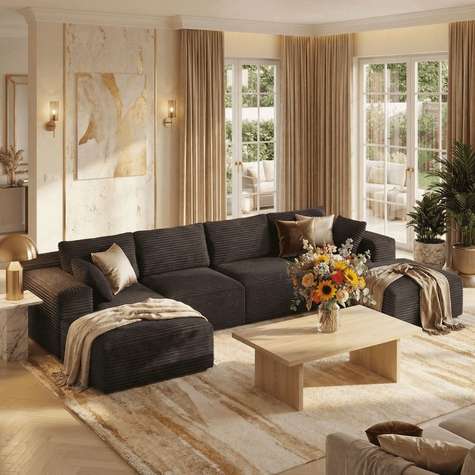 135" U/L Shaped Corduroy Modular Sofa, Frameless Memory Foam Deep Seating with Movable Ottoman, Black