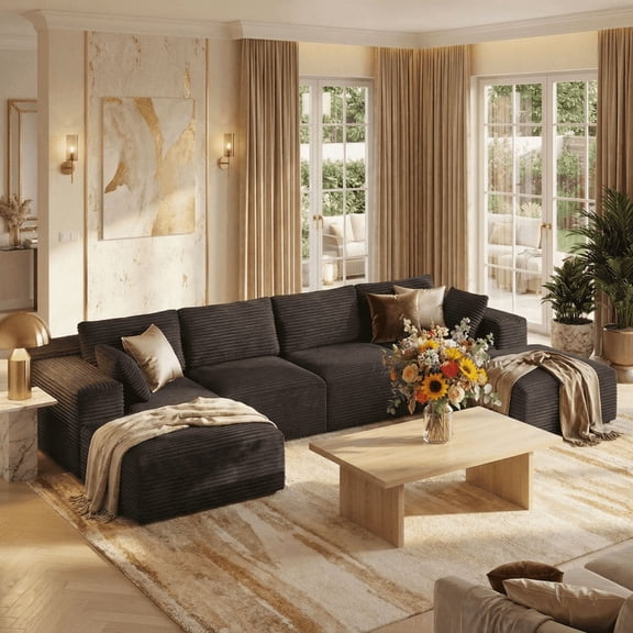 135" U/L Shaped Corduroy Modular Sofa, Frameless Memory Foam Deep Seating with Movable Ottoman, Black