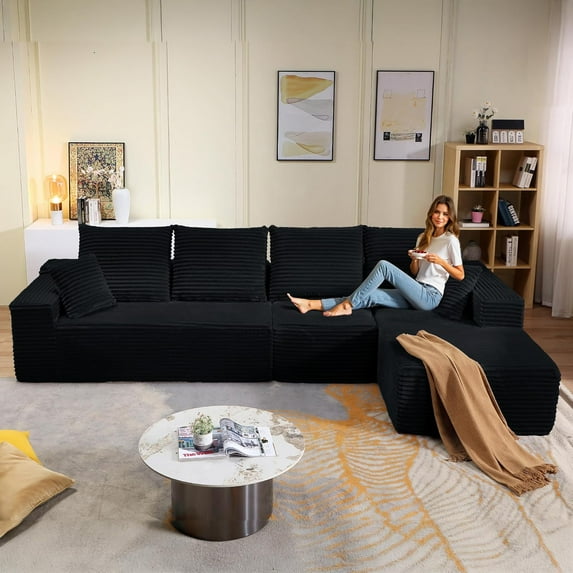 135" Oversized L-Shaped Sectional Sofa, Soft Corduroy Cloud Couch with Chaise, Fully Assembled 4-Seater Modular Sofa for Living Room