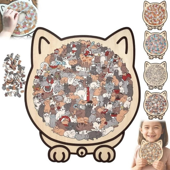 135-PCS Mailard/Macaron/Wooden/Morandi-Colored Cat Shaped Wooden Jigsaw Puzzle for Adults, Cute Animal Cats Decorative with Adorable Cats Outlines Framed, Home Decor & Gift