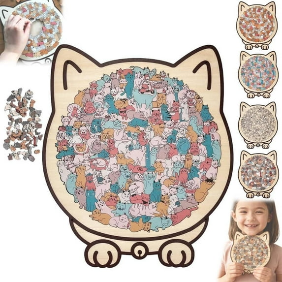 135-PCS Mailard/Macaron/Wooden/Morandi-Colored Cat Shaped Wooden Jigsaw Puzzle for Adults, Cute Animal Cats Decorative with Adorable Cats Outlines Framed, Home Decor & Gift