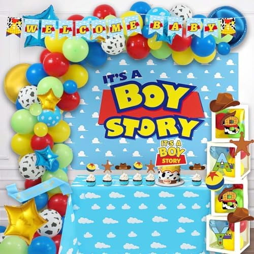135 PCs Cartoon Toy Baby Shower Decorations, Toy Themed Its A Boy Story Decorations Backdrop Balloon Garland Arch Banner Box Cutout Tablecloth Cake Cupcake Topper Sash Blue
