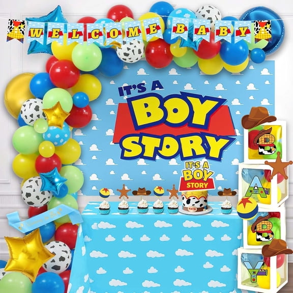135 PCs Cartoon Toy Baby Shower Decorations, Toy Themed Its A Boy Story Decorations Backdrop Balloon Garland Arch Banner Box Cutout Tablecloth Cake Cupcake Topper Sash Blue