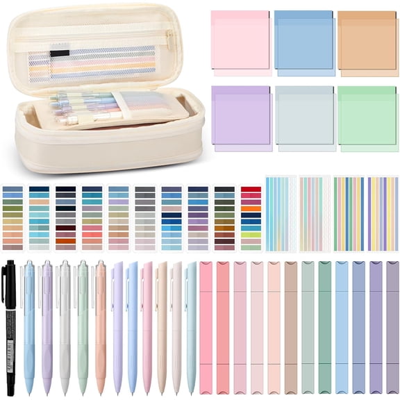 135 Pcs Book Annotation Kit with Pencil Case, 12 Pastel Highlighters, 11 Gel Pens, Fine Marker, 300 Transparent Sticky Notes, 2640 Index Tabs, Bible Study Supplies Kit(Classic,Beige)