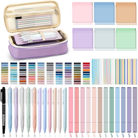 135 Pcs Book Annotation Kit with Pencil Case, 12 Pastel Highlighters, 11 Gel Pens, Fine Marker, 300 Transparent Sticky Notes, 2640 Index Tabs, Bible Study Supplies Kit(Classic,Purple)